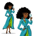 Girl detective. African American woman with curly hair in a coat and dress.