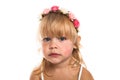 Girl with a diathesis, wreath on her head on a white background Royalty Free Stock Photo