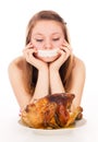 The girl on a diet, and want to eat meat Royalty Free Stock Photo