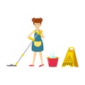 Girl in an apron, is engaged in cleaning the room.