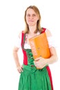 Girl in dirndl carrying orange ring binder