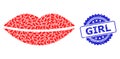 Distress Girl Seal and Recursive Smile Lips Icon Mosaic