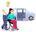 Girl with disabilities in a wheelchair and boy, car with a ramp on background Royalty Free Stock Photo