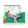 Girl and disabled man with prosthetic arm and leg meeting for coffee in cafe, flat vector illustration.
