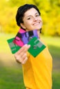 Girl with diskettes Royalty Free Stock Photo