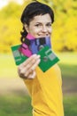 Girl with diskettes Royalty Free Stock Photo