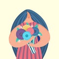 Girl with disproportionate figure holds bouquet of flowers. Flat design. Trendy style. Body positive. Woman in dress