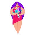 Girl with disproportionate figure holds bouquet of flowers. Flat design. Trendy style. Body positive. Woman in dress