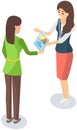 Female promoter is giving leaflet flier with advertisement to woman. Leafleting, advertising concept