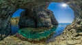Girl dive in the Diana`s grotto Sevastopol. Fiolent, Crimea on a background of rocky shores. The concept of an travel, relax,