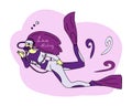 A girl diver in a mask and fins, in a lilac suit shows the Okay sign on abstract shape. Lettering I love diving.