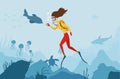 The girl diver playing with a dolphin. Scuba Diver. Underwater world. Girl dive on a coral reef. Summer vacation, sport