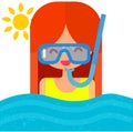 Girl in diving mask with snorkel. Swimming in blue Royalty Free Stock Photo