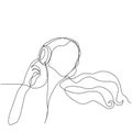 Girl DJ drawn by one black continuous line. Girl listening to music in headphones. White background Royalty Free Stock Photo