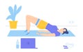 Girl do a Pelvic Lift lying on mat during watching sport coach on laptop. Online exercise, sport home, body positive