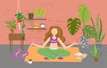 Girl do yoga at home with plants. Houseplants vector illustrations. Urban jungls. Plants are friends.