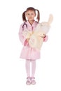 Girl, a doctor, the child, rabbit toy