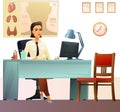 Girl doctor. Office with posters about health and certificates on wall. Medina reception office. Cheerful cartoon style