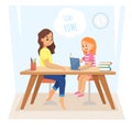 The girl does homework with her mother. Child reads a book for her mom.