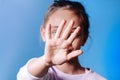 The girl does not want to be vaccinated.Girl holds hand near face protest against vaccine.Bad vaccine Royalty Free Stock Photo