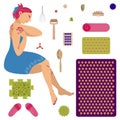 The girl does self-massage. A set of massagers and applicators for massage and self-massage. Vector illustration