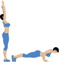 The girl does sports exercises. Exercise lying on bent arms. Cartoon.