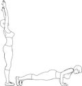 The girl does sports exercises. Exercise lying on bent arms. Cartoon. Black outline