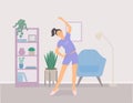 A girl does sports at home. Fitness exercise in the living room. Young woman, furniture in pastel colors.