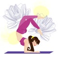 Girl does yoga exercises on mat. girl practices yoga in a scorpion pose on a white background with lotuses. woman in sportswear