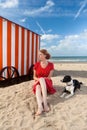 Girl dog beach cabin sea, De Panne, Belgium Royalty Free Stock Photo