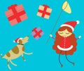 Girl and dog chasing christmas presents