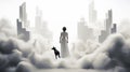 Dreamlike Dystopian Cityscape: Girl In White With Dog