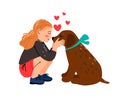 Girl dog love. Littl mistress hugging puppy vector illustration, cute child cuddle pet animal, children loving animals Royalty Free Stock Photo