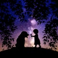 Girl and dog at night. Baby and pet silhouette. Starry sky, Milky Way