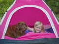 Girl with dog in pink tent camping, hiking photo Royalty Free Stock Photo