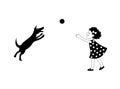 Girl and dog play ball. Vector black and white illustration. Royalty Free Stock Photo