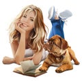 Girl and dog reading book Royalty Free Stock Photo