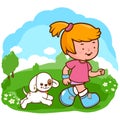 Girl and dog running at the park. Vector illustration Royalty Free Stock Photo