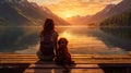 A girl with dog sitting on a dock of a mountain lake at sunset. Generative AI Royalty Free Stock Photo