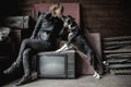 A girl and a dog are sitting in a room in an abandoned house. Royalty Free Stock Photo