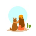 Girl and a dog sitting together backside view, best friends cute vector illustration Royalty Free Stock Photo