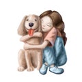 Girl and dog tender hugs, watercolor style illustration Royalty Free Stock Photo