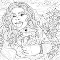 Girl with dog with tongue hanging out.Coloring book antistress for children and adults.