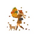 Girl and a dog walking with pumpkins autumn fall isolated vector illustration scene