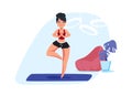 Girl doing breath exercise. Woman standing in asana pose. Young female practicing yoga at home. Character meditating and