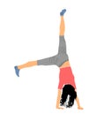 Girl doing cartwheel exercise. Sport woman acrobat figure in handstand position vector illustration.