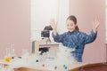 Girl doing experiment with nitrogen in laboratory Royalty Free Stock Photo