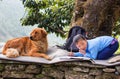 Girl doing homework outdoor