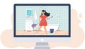 Girl doing house cleaning sings and dances washes floor with mop illustration on monitor screen Royalty Free Stock Photo