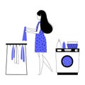 Girl doing housework, young woman housekeeper or maid washing and hanging wet laundry clothes - Housewife character and